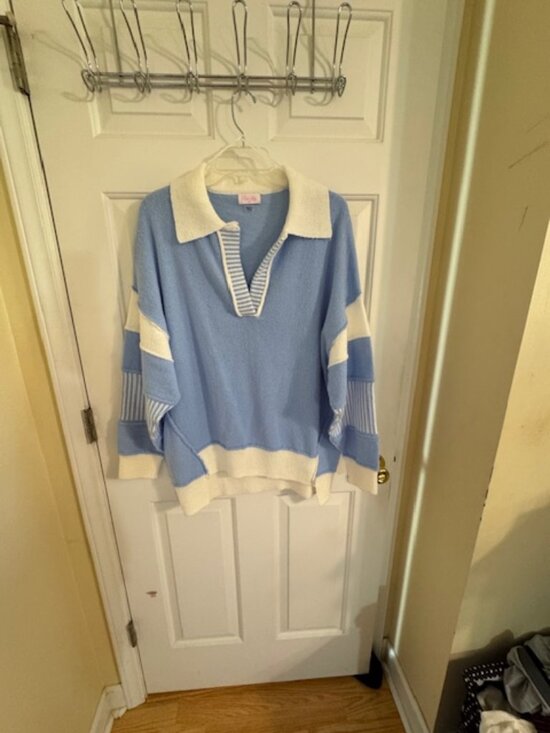 Pink Lily Sweaters - Pink Lily Baby Blue Colorblock Oversized V-Neck Polo/Rugby Sweater Sz XS
